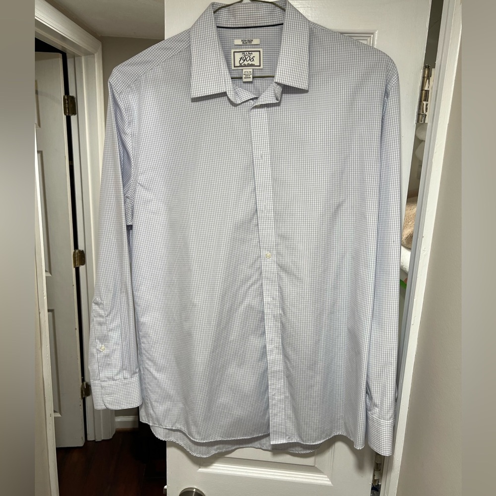 Jos A Bank 1905 slim fit lavender check shirt 17.5/36 non iron spread collar